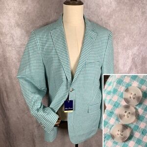 Alan Flusser Linen Blazer Jacket Men Extra Large Turquoise Check Sport Coat NEW